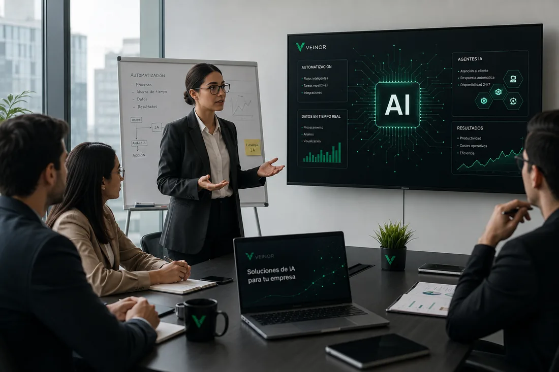 Equipo de Veinor presentando una solución de automatización con IA a un cliente